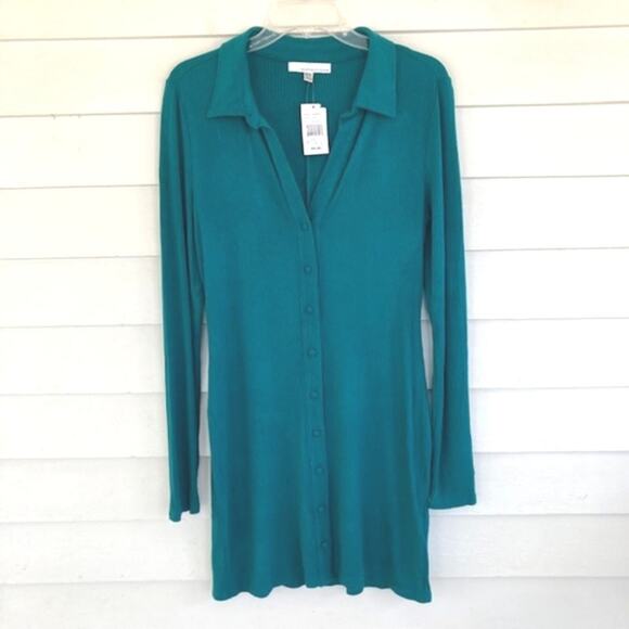 Fourteenth Place NWT Jade Green Ribbed Knit Collared Long Sleeve Button Dress M - Picture 2 of 11
